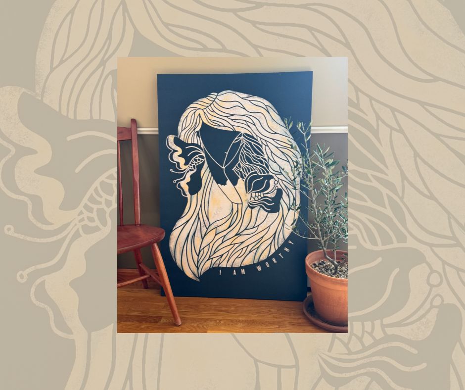 Hand-painted Zentangle-style portrait of a woman with flowing hair and bold linework, featuring the affirmation “I Am Worthy” — the original artwork behind Umindak’s wearable art design celebrating self-worth and resilience.