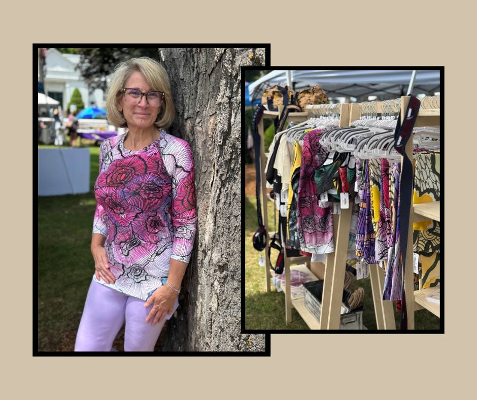 Leslie wearing Umindak’s floral rashguard at Sterling Street Market, standing beside a tree in lavender leggings; nearby, the same bold-bloom design is displayed at Umindak’s outdoor pop-up booth alongside handmade, body-positive activewear.